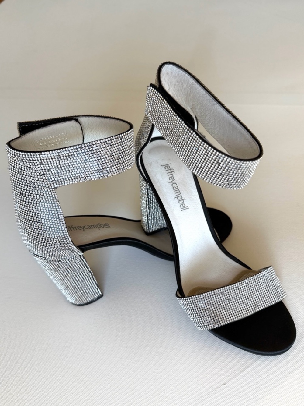 Jeffrey Campbell Lindsay Crystal Heels Black Silver Ankle Strap Block 7.5